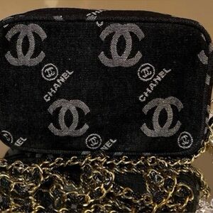 CHANEL Black Denim Crossbody Bag With Gold Accents GWP VIP